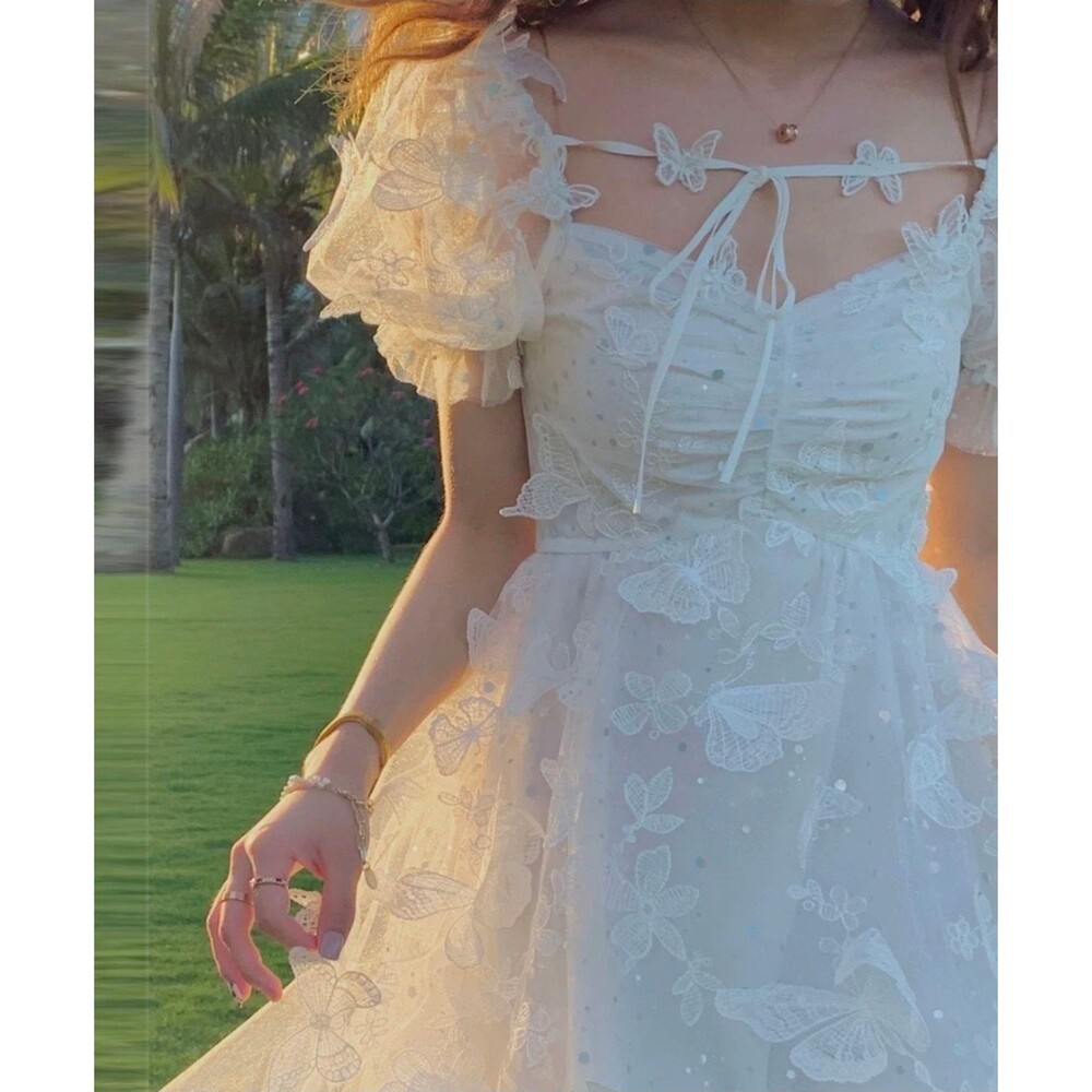 Lady Butterfly Tie Fairy Princess Dress Sequin Mesh Sweet Girl Puff Sleeve